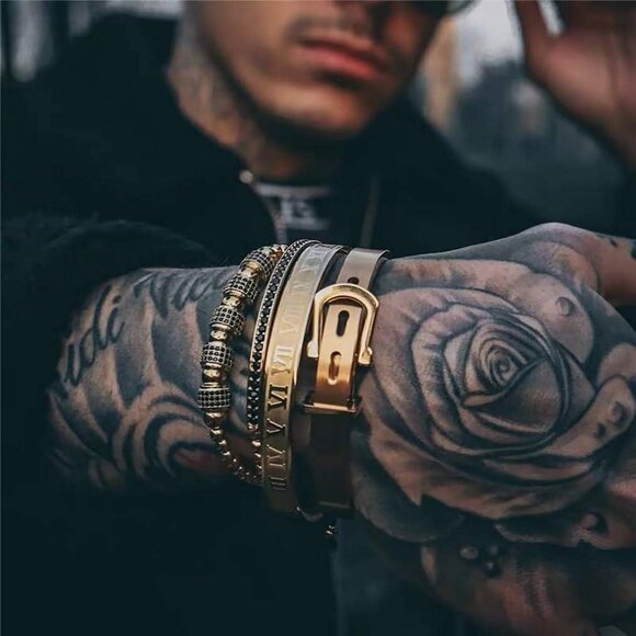 Gold Silver Plated Bracelets for Men Women Roman Numeral Bangle Bracelet - Picture 2 of 7